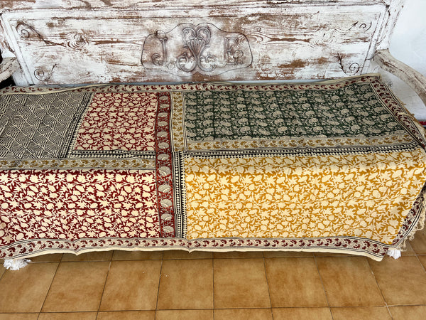 Hand made Block print green yellow mix ethic big size with  fringes
