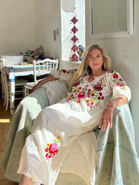 Salu dress with hand embroidery -white with color embroidery