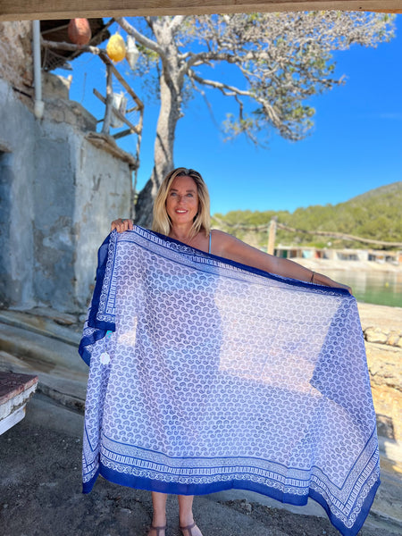 Sarong   , Pareo  , cotton shawl and beach Deluxe Block print collection,blue white paisley 🪷 -  AUROBELLE  IBIZA