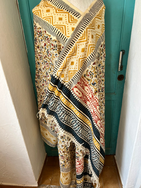 Hand made Block print yellow flower mix ethic big size with    fringes