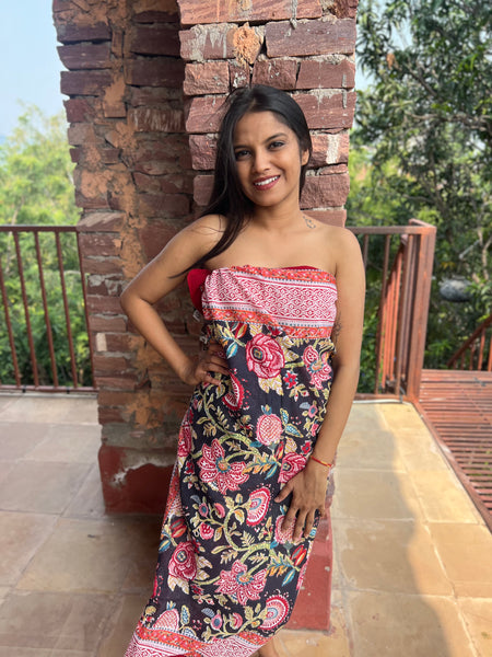 Sarong   , Pareo  , cotton shawl and beach Deluxe Block print collection,Black  flower heaven 🌸 -  AUROBELLE  IBIZA