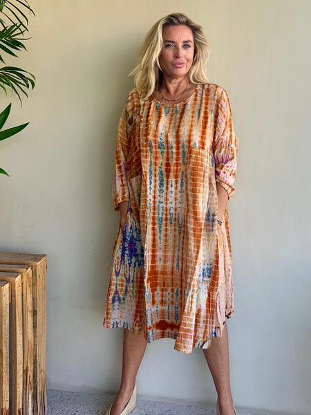 Hanoi silk dress no 9  ocker  multi