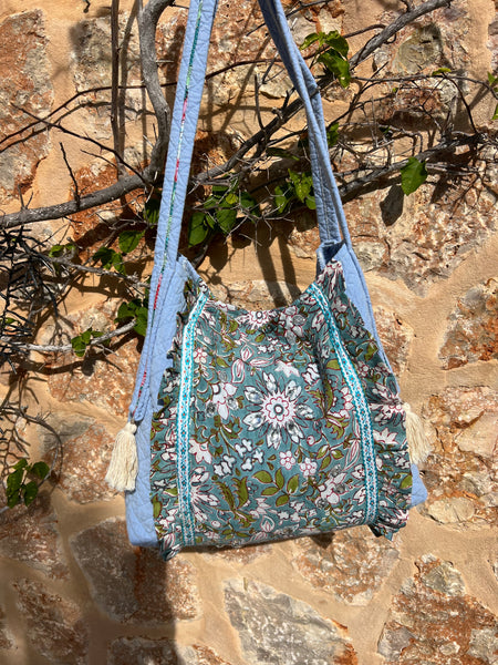 One-of-a-Kind Ibiza Patchwork Bag- be the change you want to see - green flower -  AUROBELLE  IBIZA