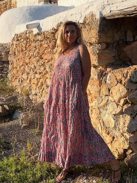 Tulsi dress pinky Hand block printed -  AUROBELLE  IBIZA