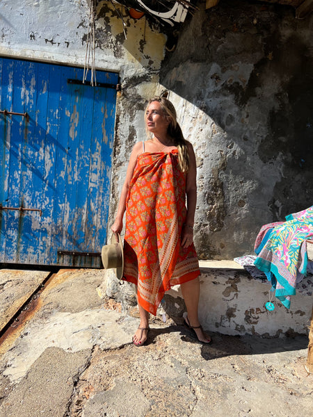 Sarong   , Pareo  , cotton shawl and beach Deluxe Block print collection, orange pink 🪷 -  AUROBELLE  IBIZA