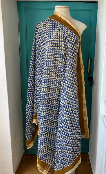 Hand Block Printed Extra Large Sarong | Organic Cotton Muslin | Natural Bagru Print with Golden Sari Border no 4 Jeans