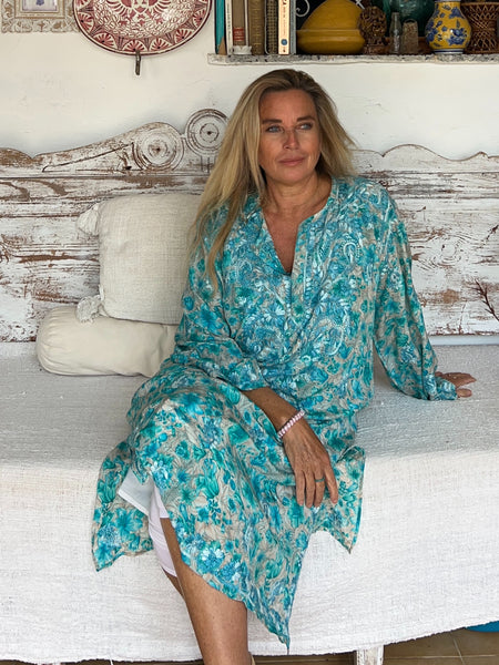 🌿 Turquoise Silk 42 inch Kurta – Paisley Print (One of a Kind) -  AUROBELLE  IBIZA