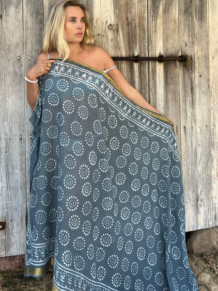 Big size Sarong ,Hand Block Printed Extra Large Sarong | Organic Cotton Muslin | Natural Bagru Print with Golden Grey cool   🌺 -  AUROBELLE  IBIZA