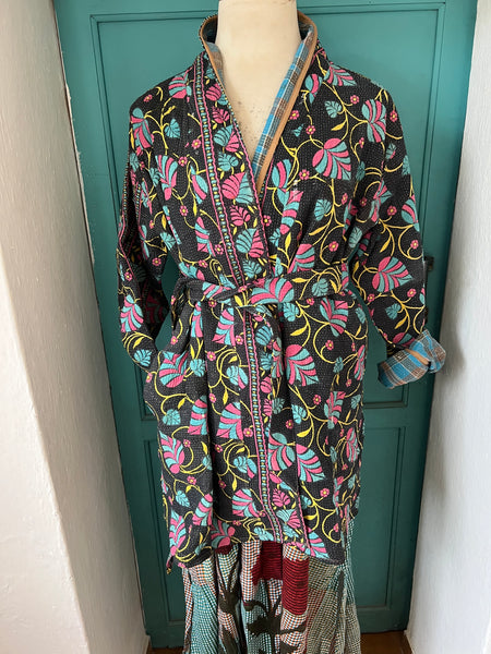 Bohemian Kantha vintage kimono jacket with belt