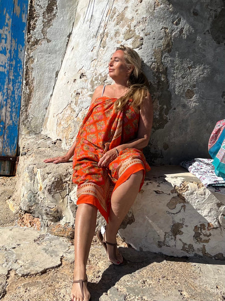 Sarong   , Pareo  , cotton shawl and beach Deluxe Block print collection, orange pink 🪷 -  AUROBELLE  IBIZA