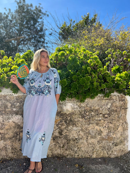 Salu dress with hand embroidery light blue with color embroidery