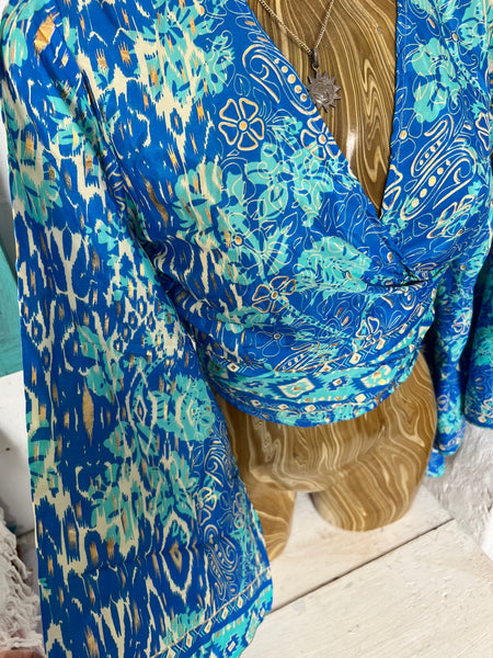 Bohemian  Wrap Top Print – Spiritual Festival Crop Blouse hippie wrap blouse Silky Blue gold -  AUROBELLE  IBIZA