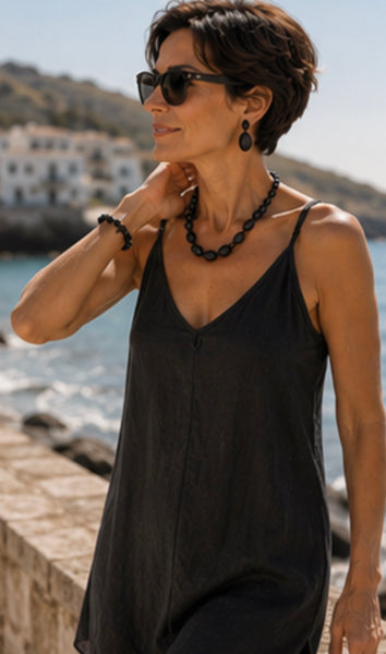 Slip dress  Natural color softest cotton elegant black -  AUROBELLE  IBIZA