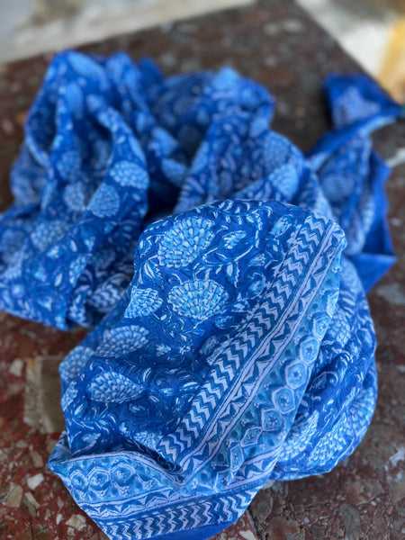 Sarong   , Pareo  , cotton shawl and beach Deluxe Block print collection, blue flower  🪷 -  AUROBELLE  IBIZA