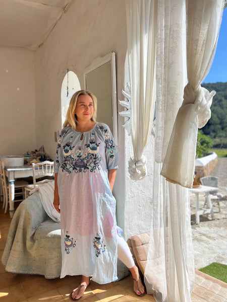 Salu dress with hand embroidery light blue with color embroidery