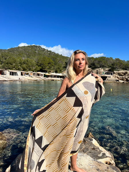 Big size Sarong ,Hand Block Printed Extra Large Sarong | Organic Cotton Muslin | Natural Bagru Print with Golden Modern Art  🌺 -  AUROBELLE  IBIZA