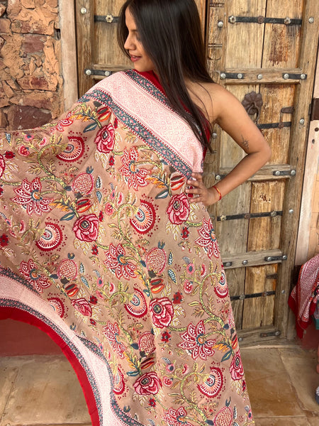 Sarong   , Pareo  , cotton shawl and beach Deluxe Block print collection,Sandy flower garden🌸 -  AUROBELLE  IBIZA