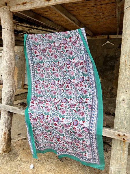 Sarong   , Pareo  , cotton shawl and beach Deluxe Block print collection emerald red flower print -  AUROBELLE  IBIZA