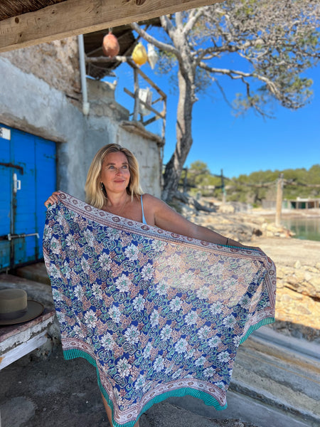 Sarong   , Pareo  , cotton shawl and beach Deluxe Block print collection, blue turquoises flower  🪷 -  AUROBELLE  IBIZA