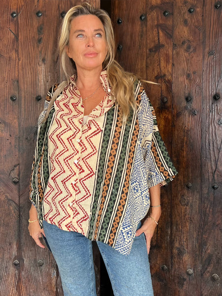 Free size boho stripe ethnic blouse red  zick zack