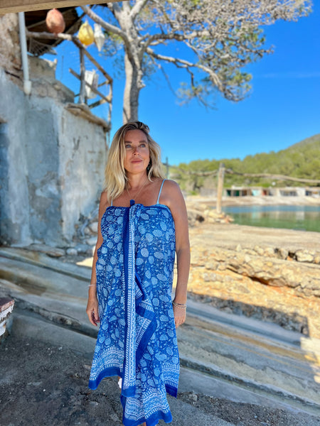 Sarong   , Pareo  , cotton shawl and beach Deluxe Block print collection, blue flower  🪷 -  AUROBELLE  IBIZA