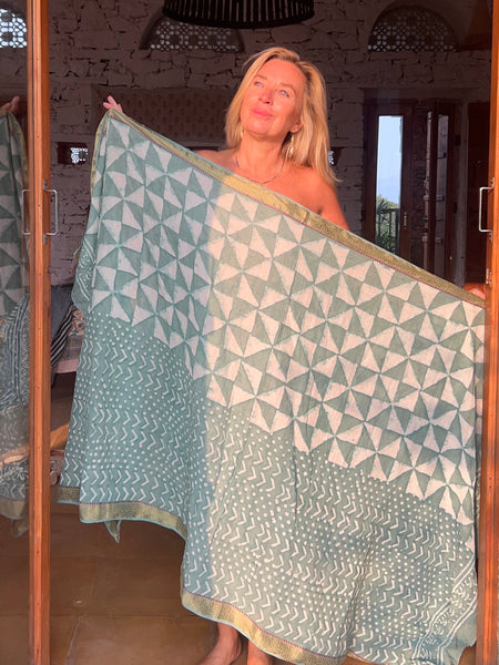 Sarong  Pareo  collection big size with golden zari border No 1A Formentera -  AUROBELLE  IBIZA