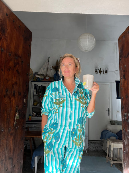 Pyjama   cozy lounge wear made with hand block print cotton- turquoise poppies stripe