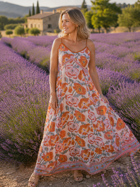 Strap  dress  Halter neck in print orange flower -  AUROBELLE  IBIZA