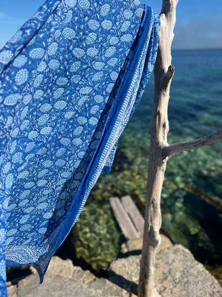 Sarong   , Pareo  , cotton shawl and beach Deluxe Block print collection, blue flower  🪷 -  AUROBELLE  IBIZA