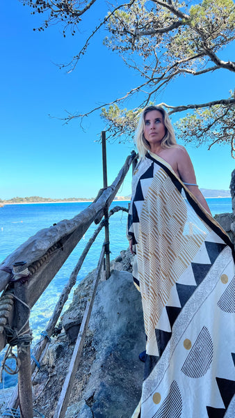 Big size Sarong ,Hand Block Printed Extra Large Sarong | Organic Cotton Muslin | Natural Bagru Print with Golden Modern Art  🌺 -  AUROBELLE  IBIZA