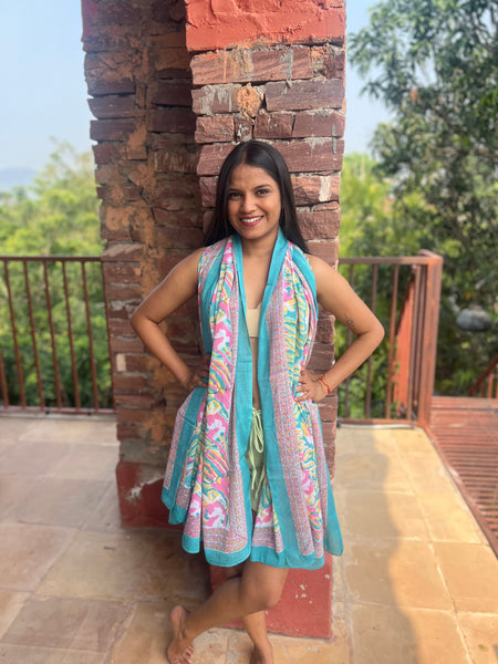 Sarong   , Pareo  , cotton shawl and beach Deluxe Block print collection,emerald  beach 🌸 -  AUROBELLE  IBIZA