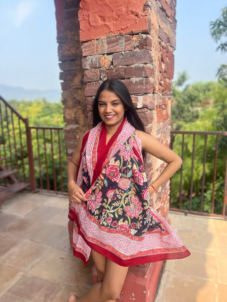 Sarong   , Pareo  , cotton shawl and beach Deluxe Block print collection,Black  flower heaven 🌸 -  AUROBELLE  IBIZA