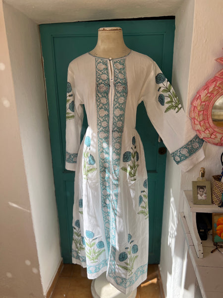 Mughal  dress made  with  turquoise roses blockprint