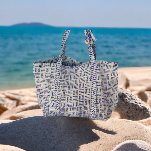 Big  kantha beach and travel bag blue indigo and white