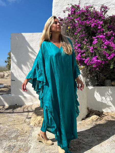 Exclusive luxury 100% organic Silk kaftan - free size in Emerald green