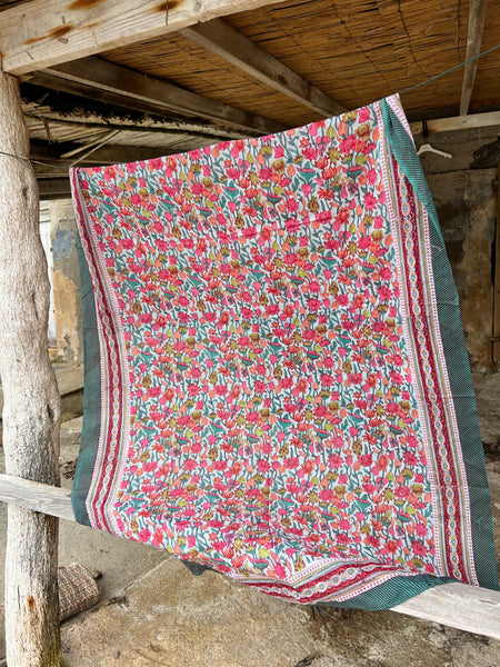 Sarong   , Pareo  , cotton shawl and beach Deluxe Block print collection emerald red flower print -  AUROBELLE  IBIZA