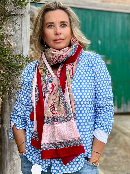 Sarong   , Pareo  , cotton shawl and beach Deluxe Block print collection, beige red flower print -  AUROBELLE  IBIZA