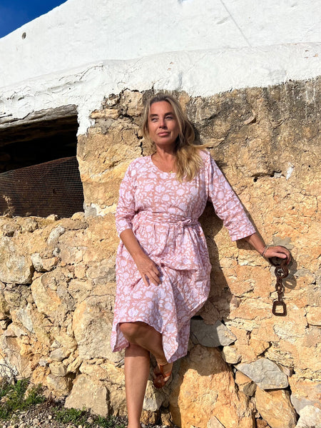 Linen dress soft flower beige pink -  AUROBELLE  IBIZA