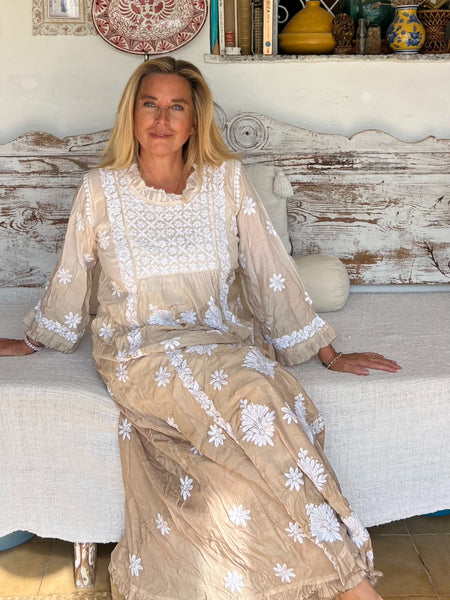 Empire dress with hand embroidery shadet beige -  AUROBELLE  IBIZA