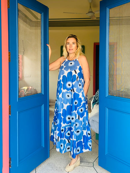 Nila dress  blue and white flower -  AUROBELLE  IBIZA