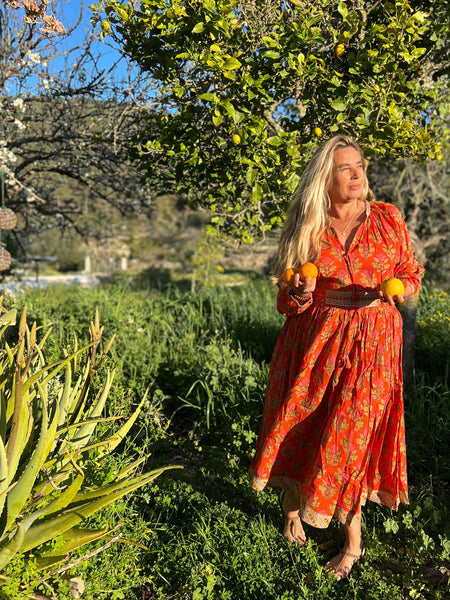 Vintage dress  Orange flower Boho -  AUROBELLE  IBIZA
