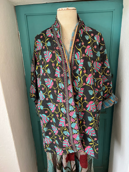 Bohemian Kantha vintage kimono jacket with belt