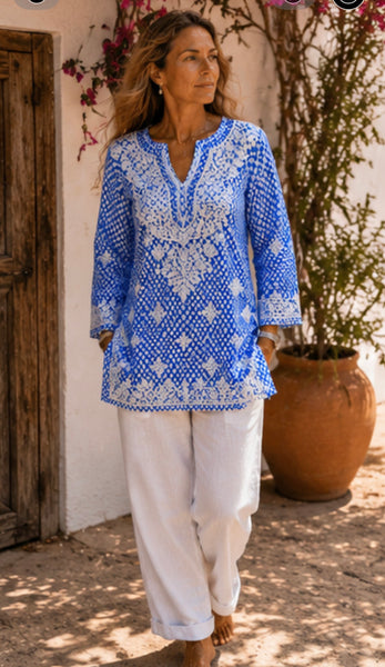 V neck kurta ocean blue  diamond -  AUROBELLE  IBIZA