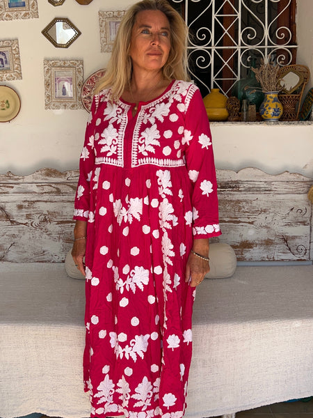 💗 Rani Dress – Hot Pink with Hand Embroidery -  AUROBELLE  IBIZA