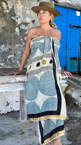 Big size Sarong ,Hand Block Printed Extra Large Sarong | Organic Cotton Muslin | Natural Bagru Print with Golden Sari Blue big circle -  AUROBELLE  IBIZA