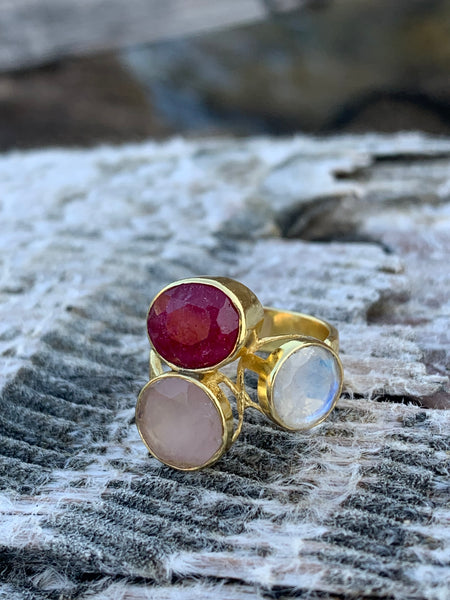 Ruby-Moon -Rose -3 stone  Ibiza designer boho ring