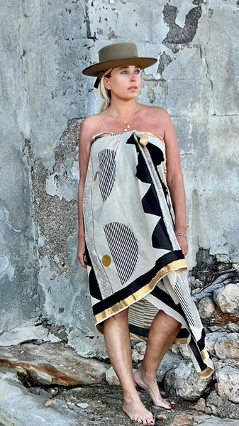 Big size Sarong ,Hand Block Printed Extra Large Sarong | Organic Cotton Muslin | Natural Bagru Print with Golden Modern Art  🌺 -  AUROBELLE  IBIZA