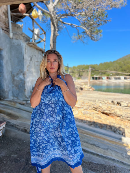 Sarong   , Pareo  , cotton shawl and beach Deluxe Block print collection, blue flower  🪷 -  AUROBELLE  IBIZA