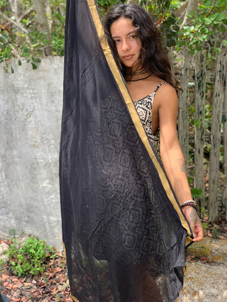 Sarong    or Pareo - Dupata in hand woven  Khadi in black with gold border