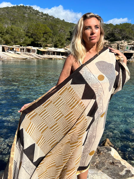 Big size Sarong ,Hand Block Printed Extra Large Sarong | Organic Cotton Muslin | Natural Bagru Print with Golden Sari -yellow -  AUROBELLE  IBIZA